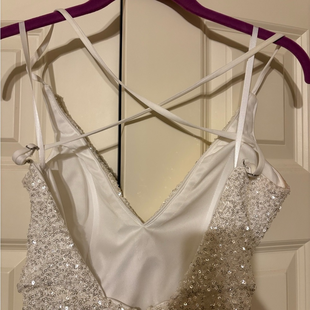 La Femme White Sequin Maxi Skirt with High Thigh Slit - Picture 3 of 6